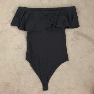 Black off the shoulder, ruffle bodysuit